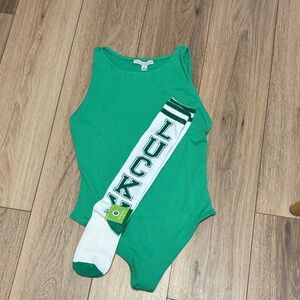 Haute Monde NWT KELLIE GREEN RIBBED THONG Sleeveless BODYSUIT LUCKY SOCK bundle